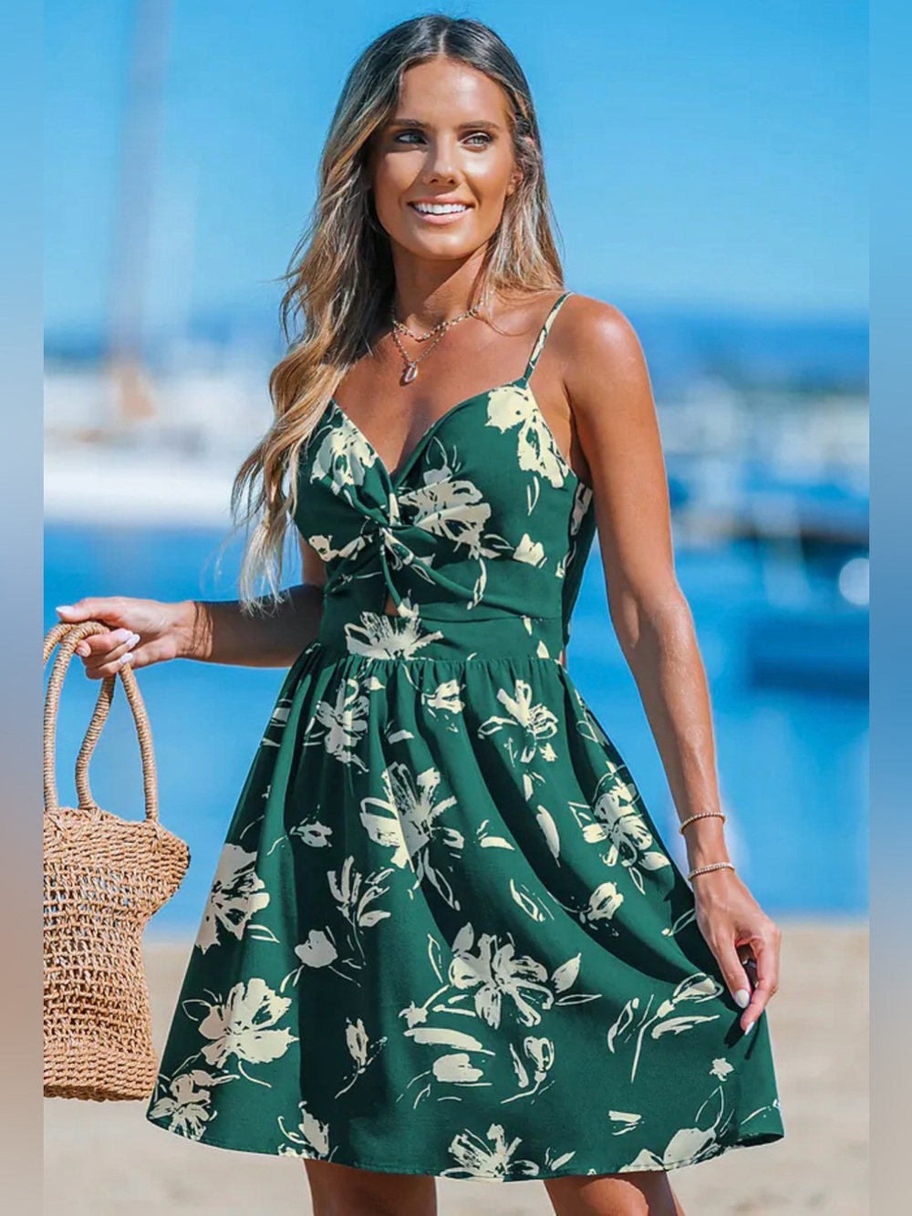 Cupshe Forest Floral‎ Sweetheart Twist Front Mini Dress Green Sz Medium NWT!